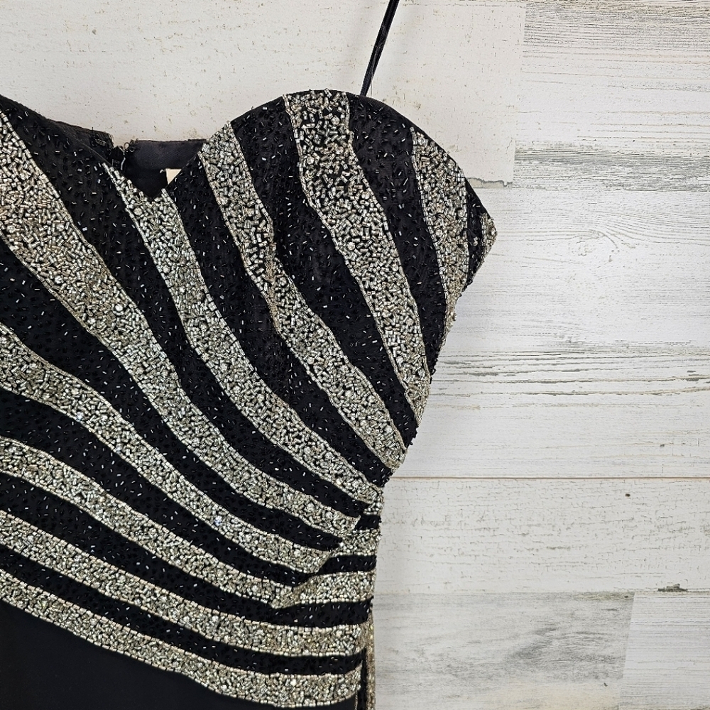 VTG Cassandra Stone Elegant Black Silver Beaded Evening Dress Side Slit Sz 12 - Picture 6 of 14